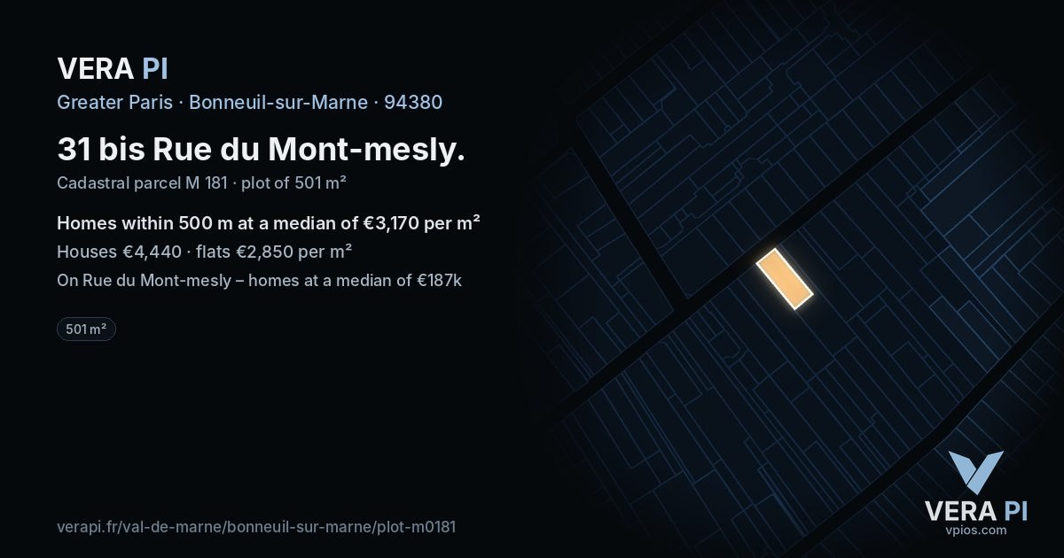 31 bis Rue du Mont-mesly, Bonneuil-sur-Marne at night – the plot lit, the parcels around coloured by the prices near them