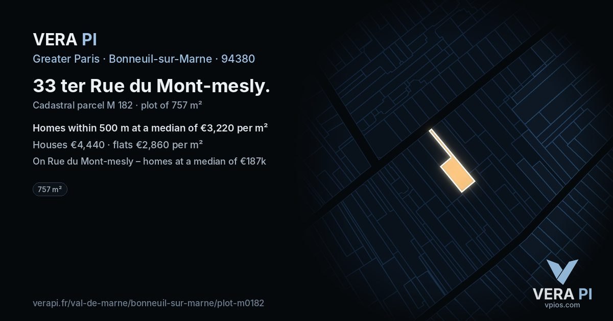 33 ter Rue du Mont-mesly, Bonneuil-sur-Marne at night – the plot lit, the parcels around coloured by the prices near them