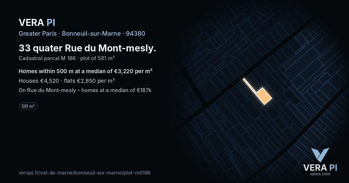33 quater Rue du Mont-mesly, Bonneuil-sur-Marne at night – the plot lit, the parcels around coloured by the prices near them