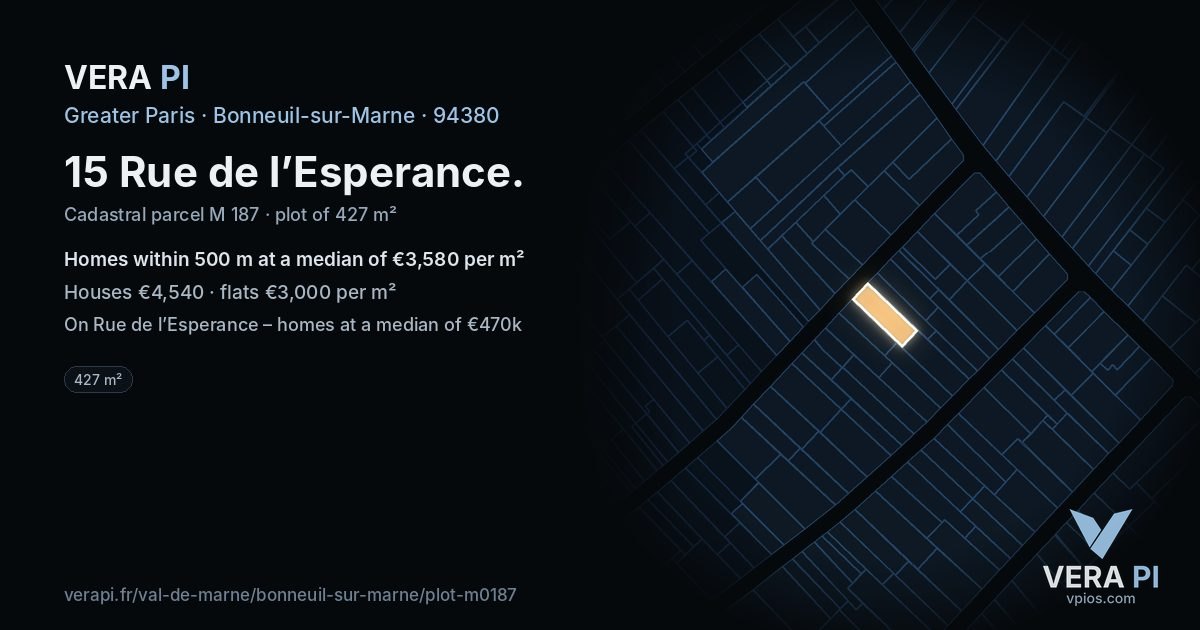 15 Rue de l’Esperance, Bonneuil-sur-Marne at night – the plot lit, the parcels around coloured by the prices near them