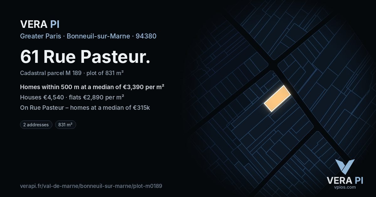 61 Rue Pasteur, Bonneuil-sur-Marne at night – the plot lit, the parcels around coloured by the prices near them