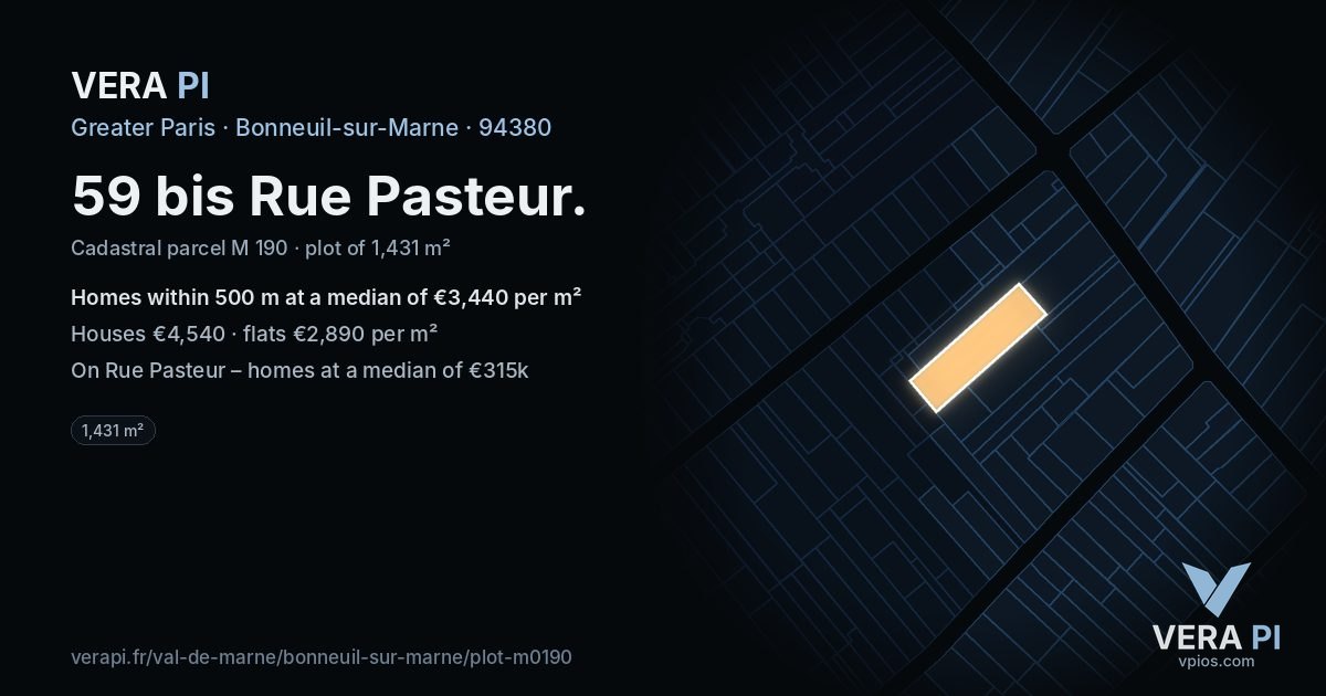 59 bis Rue Pasteur, Bonneuil-sur-Marne at night – the plot lit, the parcels around coloured by the prices near them