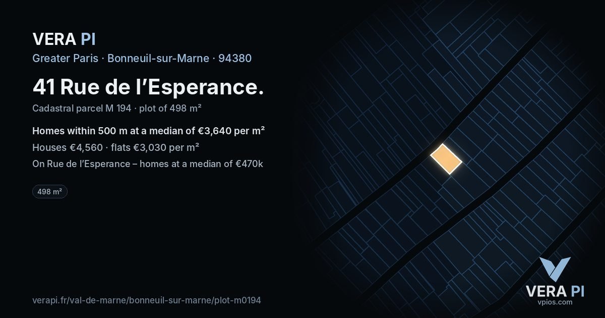 41 Rue de l’Esperance, Bonneuil-sur-Marne at night – the plot lit, the parcels around coloured by the prices near them