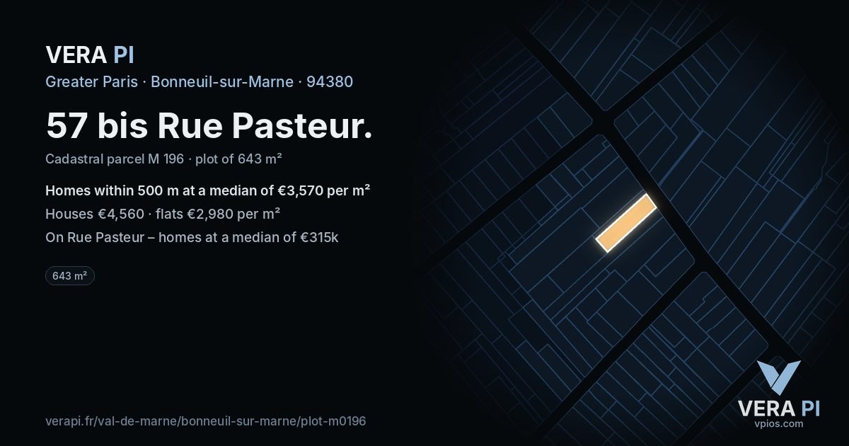 57 bis Rue Pasteur, Bonneuil-sur-Marne at night – the plot lit, the parcels around coloured by the prices near them