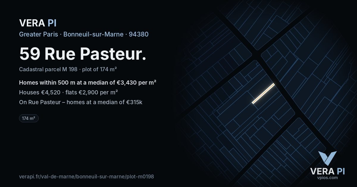 59 Rue Pasteur, Bonneuil-sur-Marne at night – the plot lit, the parcels around coloured by the prices near them