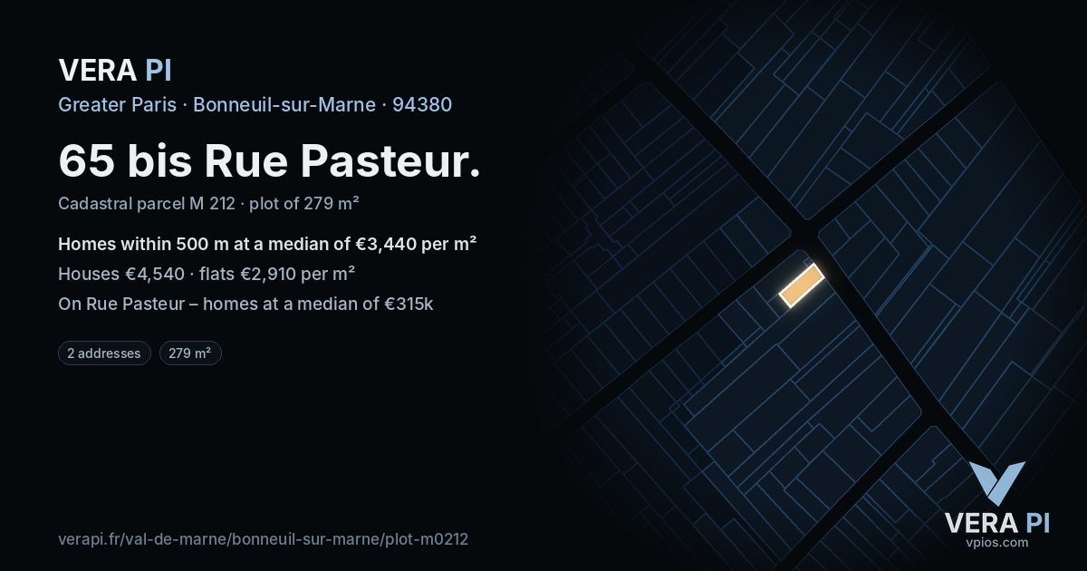 65 bis Rue Pasteur, Bonneuil-sur-Marne at night – the plot lit, the parcels around coloured by the prices near them