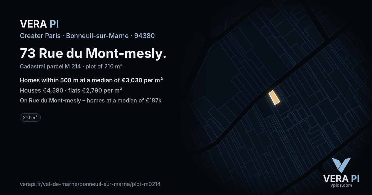 73 Rue du Mont-mesly, Bonneuil-sur-Marne at night – the plot lit, the parcels around coloured by the prices near them