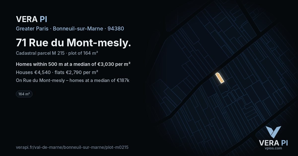 71 Rue du Mont-mesly, Bonneuil-sur-Marne at night – the plot lit, the parcels around coloured by the prices near them