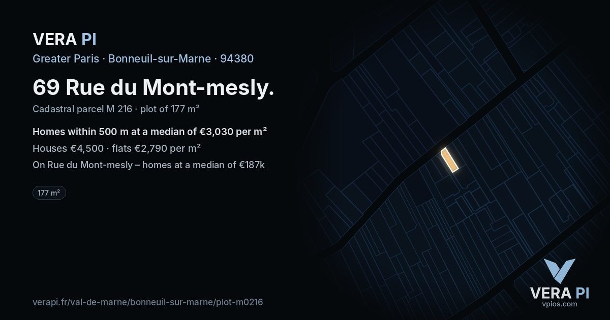 69 Rue du Mont-mesly, Bonneuil-sur-Marne at night – the plot lit, the parcels around coloured by the prices near them