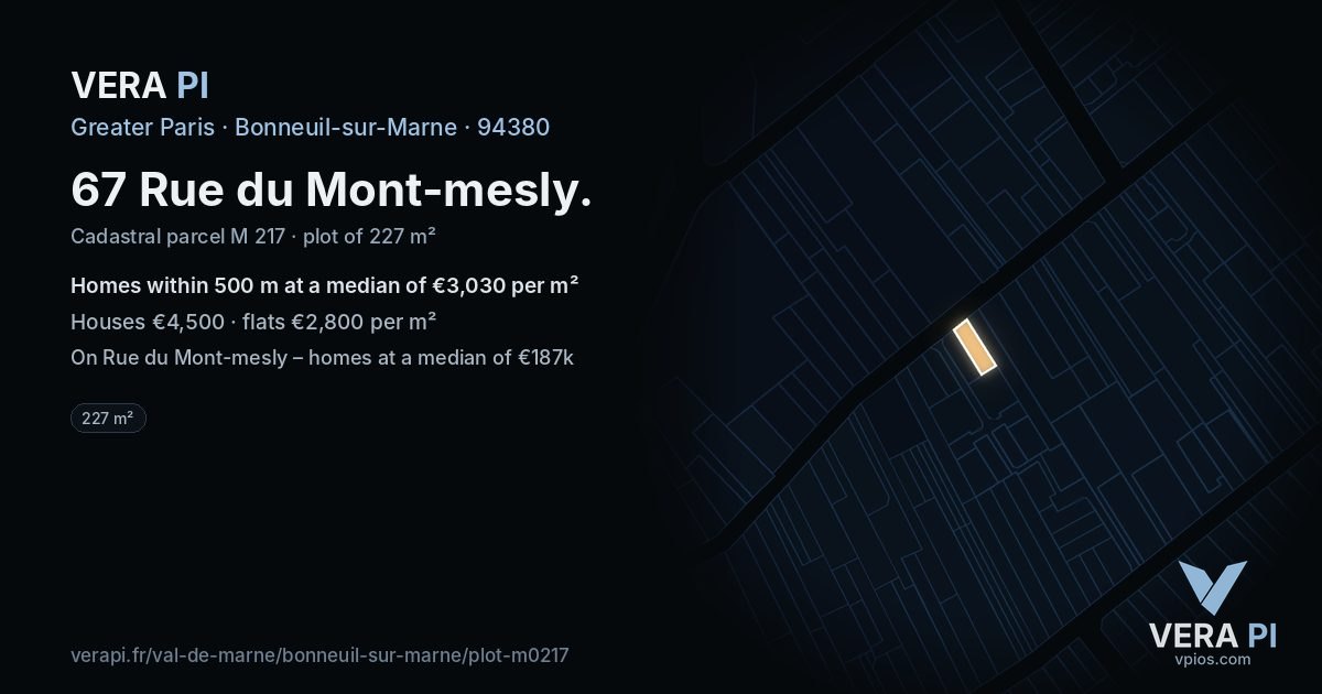 67 Rue du Mont-mesly, Bonneuil-sur-Marne at night – the plot lit, the parcels around coloured by the prices near them
