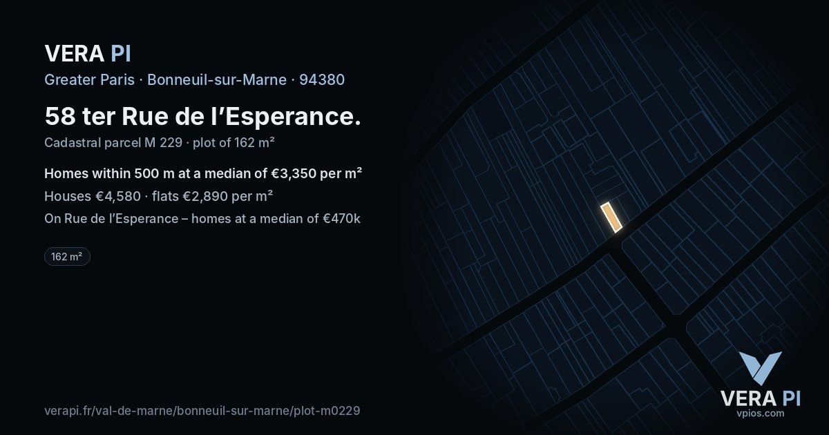 58 ter Rue de l’Esperance, Bonneuil-sur-Marne at night – the plot lit, the parcels around coloured by the prices near them