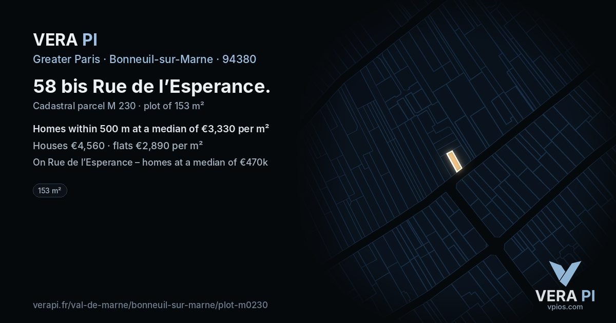 58 bis Rue de l’Esperance, Bonneuil-sur-Marne at night – the plot lit, the parcels around coloured by the prices near them