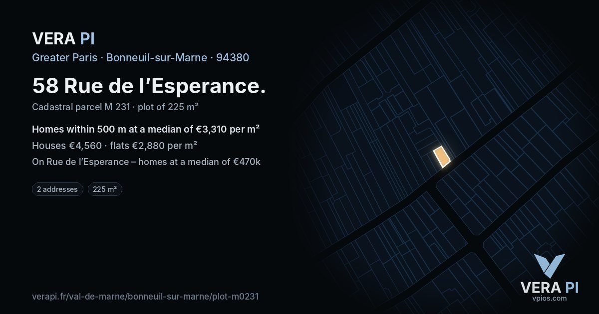 58 Rue de l’Esperance, Bonneuil-sur-Marne at night – the plot lit, the parcels around coloured by the prices near them
