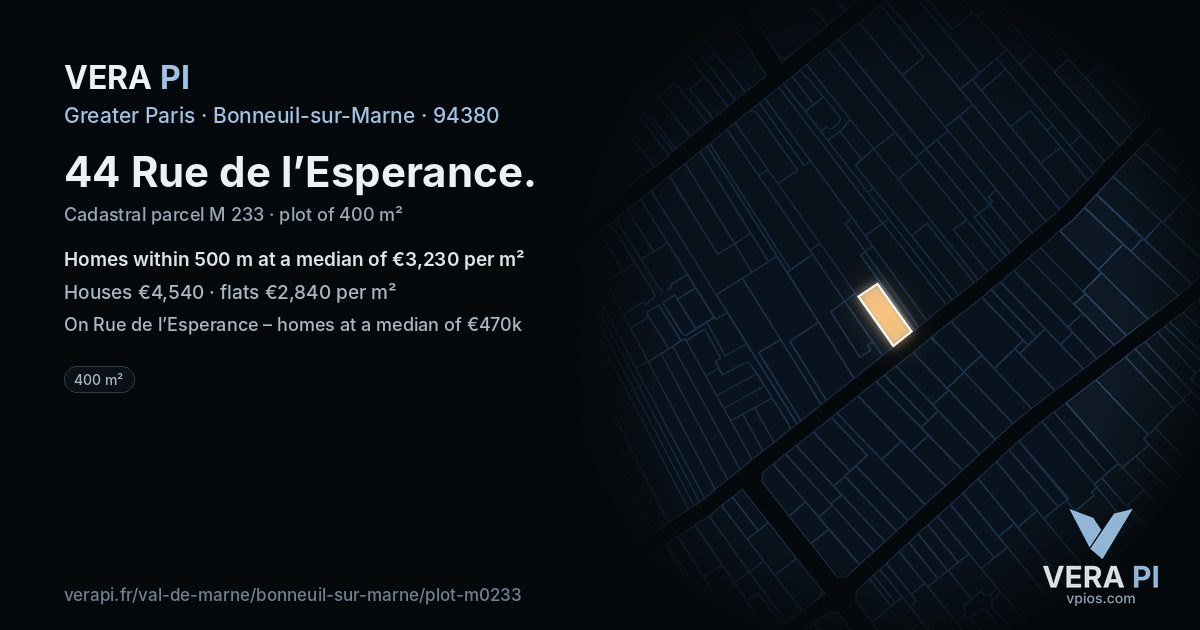 44 Rue de l’Esperance, Bonneuil-sur-Marne at night – the plot lit, the parcels around coloured by the prices near them