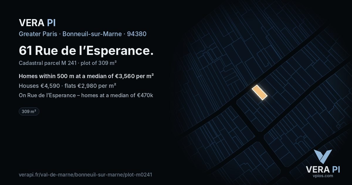 61 Rue de l’Esperance, Bonneuil-sur-Marne at night – the plot lit, the parcels around coloured by the prices near them