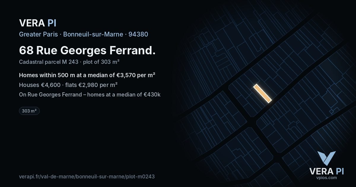 68 Rue Georges Ferrand, Bonneuil-sur-Marne at night – the plot lit, the parcels around coloured by the prices near them