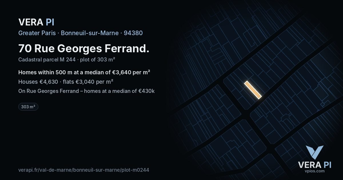 70 Rue Georges Ferrand, Bonneuil-sur-Marne at night – the plot lit, the parcels around coloured by the prices near them