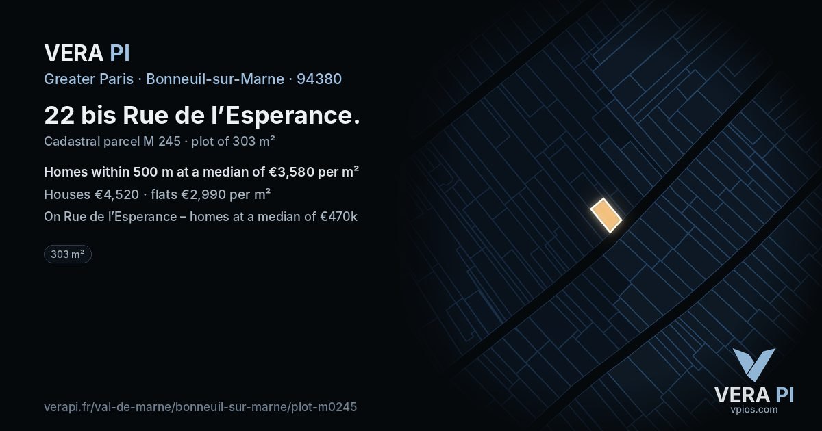 22 bis Rue de l’Esperance, Bonneuil-sur-Marne at night – the plot lit, the parcels around coloured by the prices near them