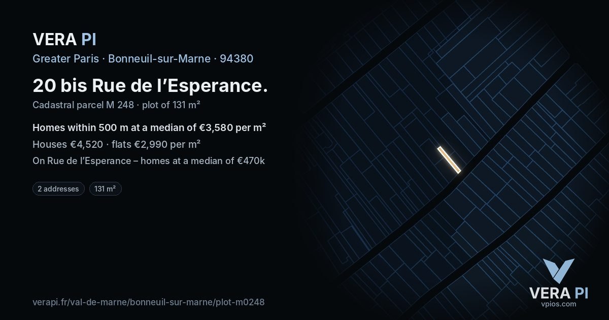 20 bis Rue de l’Esperance, Bonneuil-sur-Marne at night – the plot lit, the parcels around coloured by the prices near them