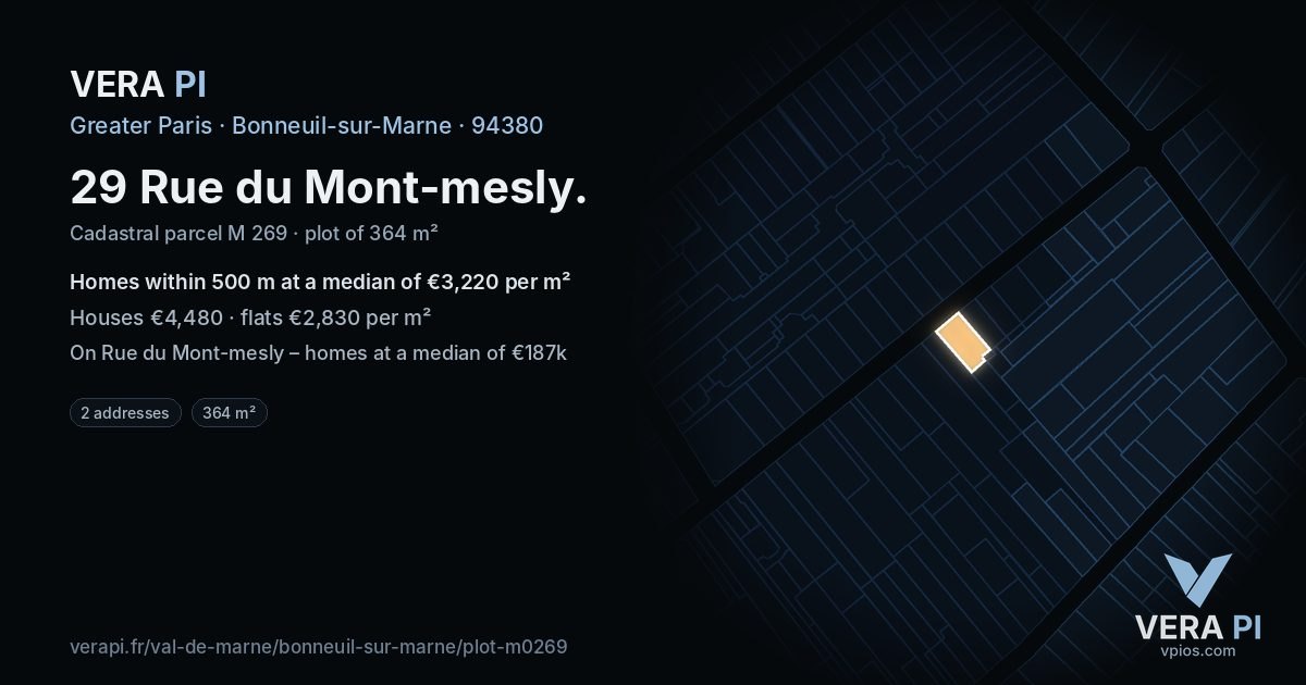 29 Rue du Mont-mesly, Bonneuil-sur-Marne at night – the plot lit, the parcels around coloured by the prices near them