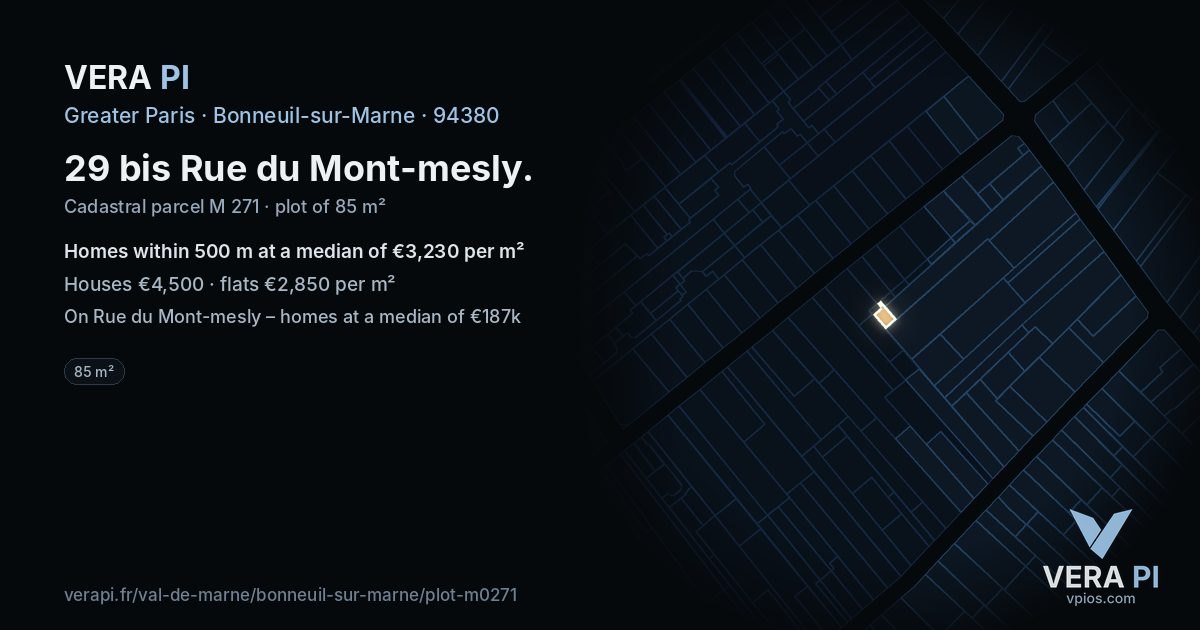 29 bis Rue du Mont-mesly, Bonneuil-sur-Marne at night – the plot lit, the parcels around coloured by the prices near them
