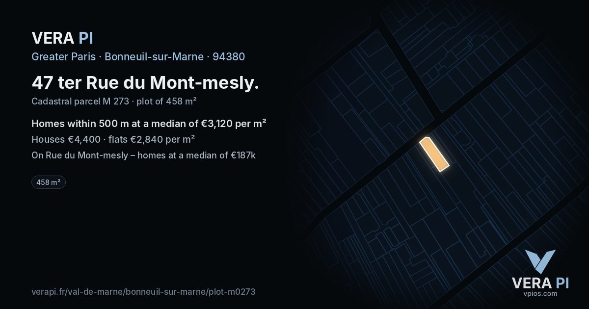 47 ter Rue du Mont-mesly, Bonneuil-sur-Marne at night – the plot lit, the parcels around coloured by the prices near them