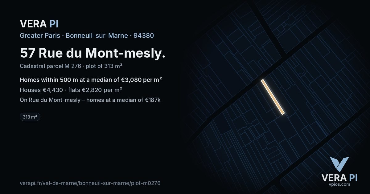57 Rue du Mont-mesly, Bonneuil-sur-Marne at night – the plot lit, the parcels around coloured by the prices near them