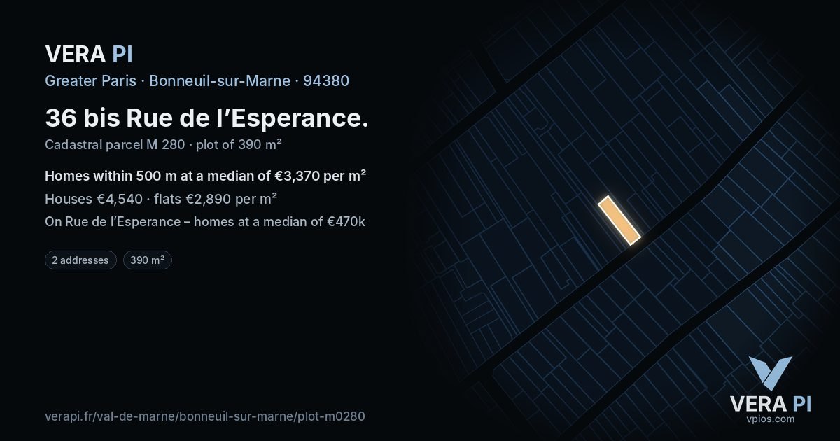 36 bis Rue de l’Esperance, Bonneuil-sur-Marne at night – the plot lit, the parcels around coloured by the prices near them