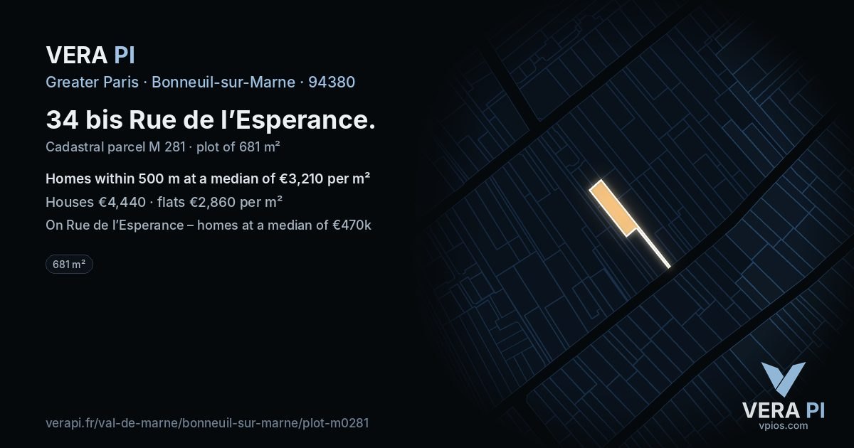 34 bis Rue de l’Esperance, Bonneuil-sur-Marne at night – the plot lit, the parcels around coloured by the prices near them