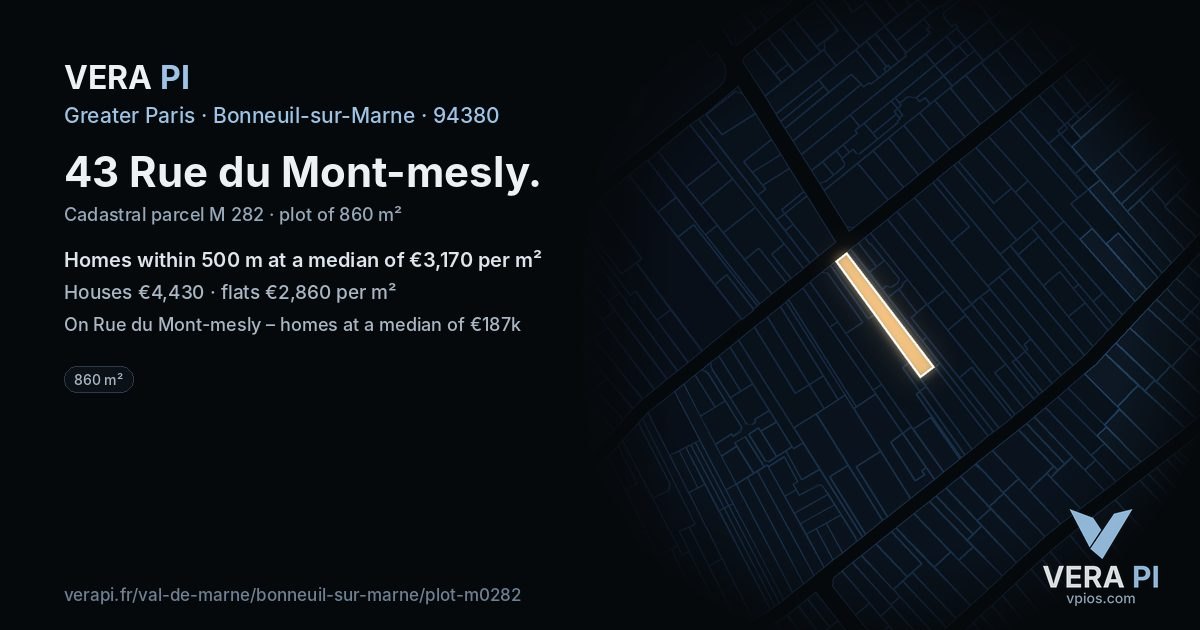 43 Rue du Mont-mesly, Bonneuil-sur-Marne at night – the plot lit, the parcels around coloured by the prices near them
