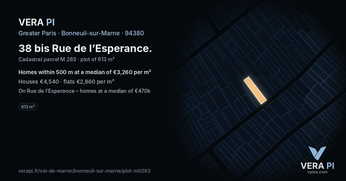 38 bis Rue de l’Esperance, Bonneuil-sur-Marne at night – the plot lit, the parcels around coloured by the prices near them