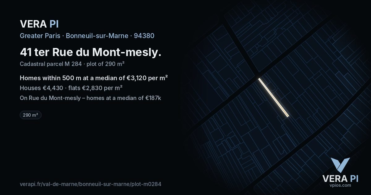 41 ter Rue du Mont-mesly, Bonneuil-sur-Marne at night – the plot lit, the parcels around coloured by the prices near them
