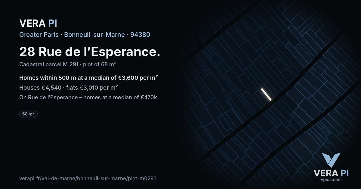 28 Rue de l’Esperance, Bonneuil-sur-Marne at night – the plot lit, the parcels around coloured by the prices near them