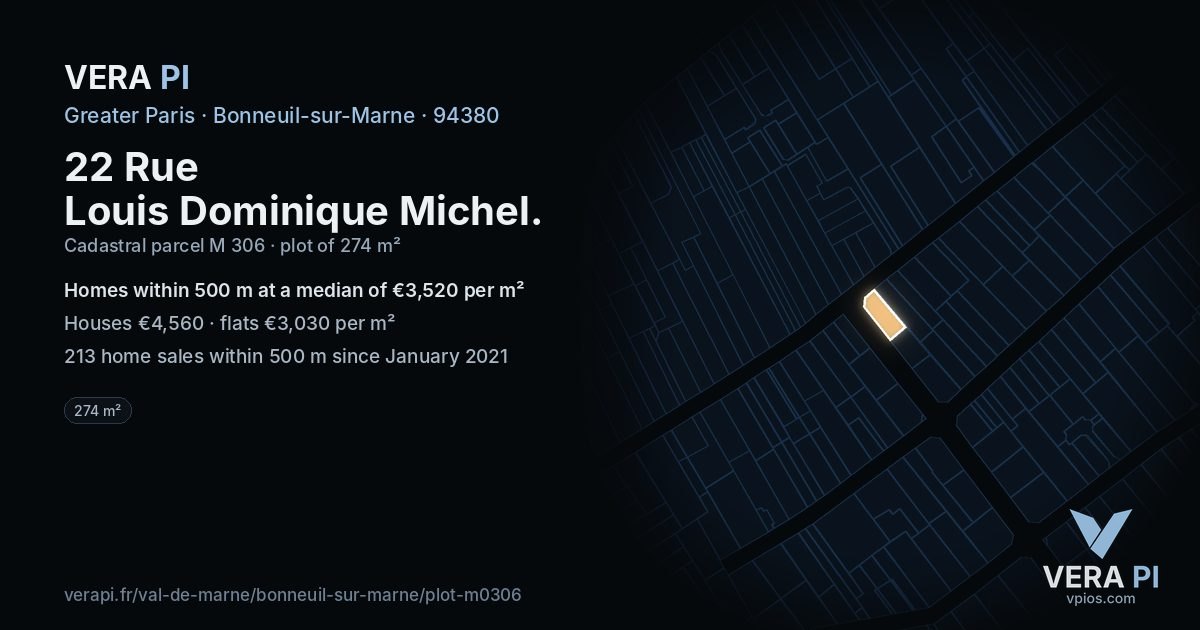 22 Rue Louis Dominique Michel, Bonneuil-sur-Marne at night – the plot lit, the parcels around coloured by the prices near them