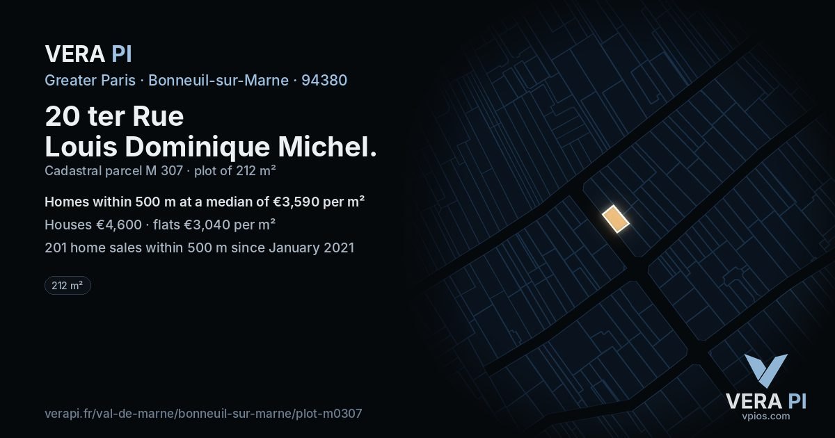 20 ter Rue Louis Dominique Michel, Bonneuil-sur-Marne at night – the plot lit, the parcels around coloured by the prices near them