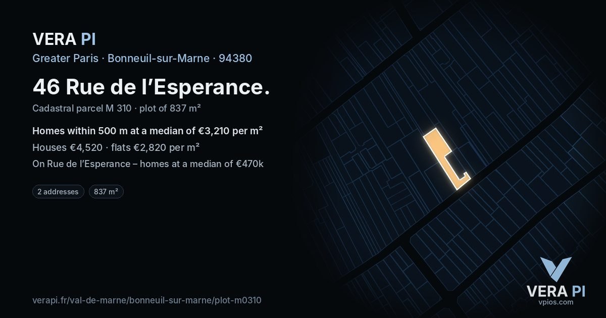 46 Rue de l’Esperance, Bonneuil-sur-Marne at night – the plot lit, the parcels around coloured by the prices near them