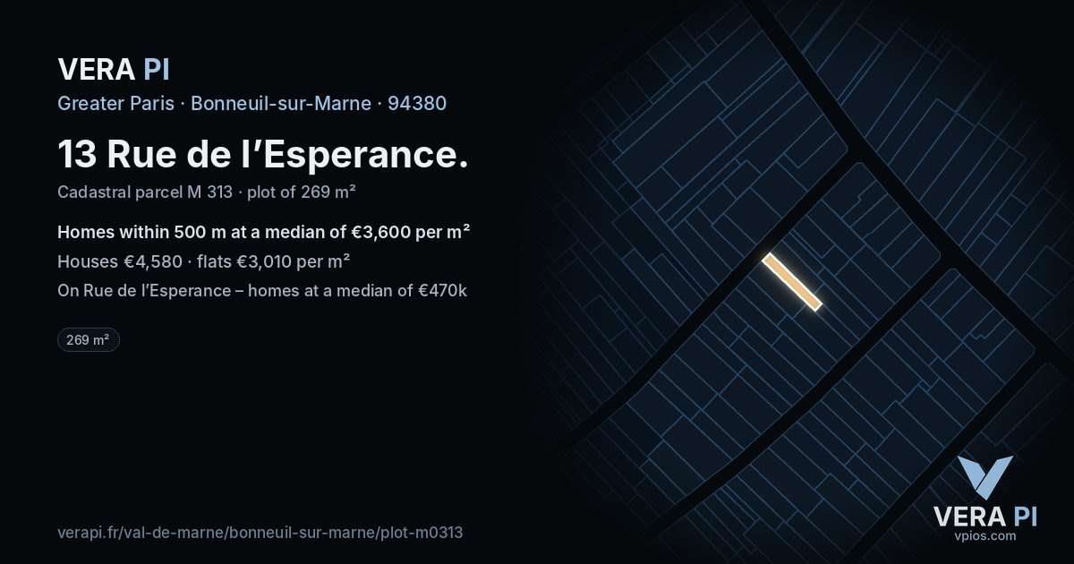 13 Rue de l’Esperance, Bonneuil-sur-Marne at night – the plot lit, the parcels around coloured by the prices near them