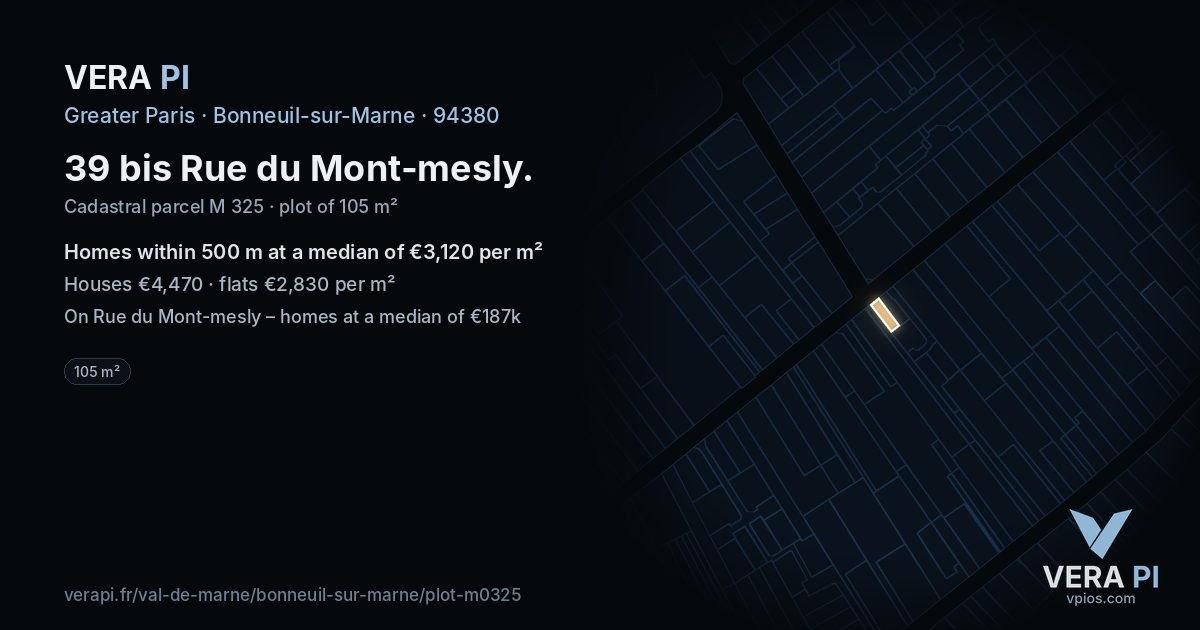 39 bis Rue du Mont-mesly, Bonneuil-sur-Marne at night – the plot lit, the parcels around coloured by the prices near them
