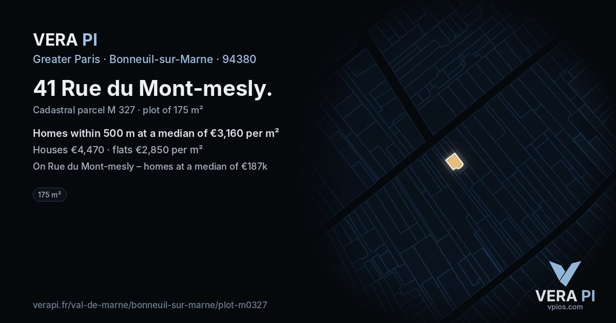 41 Rue du Mont-mesly, Bonneuil-sur-Marne at night – the plot lit, the parcels around coloured by the prices near them