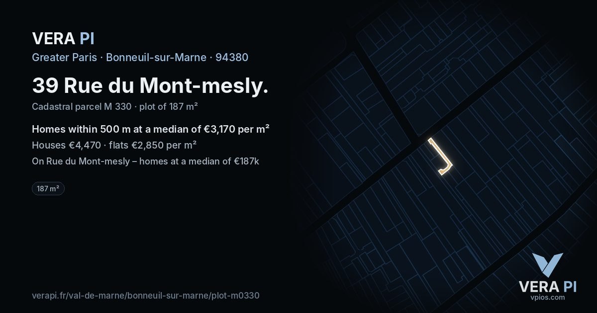 39 Rue du Mont-mesly, Bonneuil-sur-Marne at night – the plot lit, the parcels around coloured by the prices near them