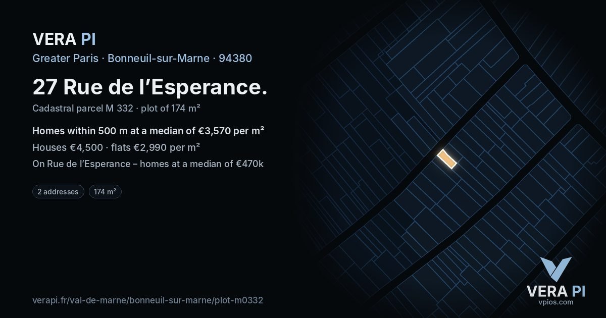 27 Rue de l’Esperance, Bonneuil-sur-Marne at night – the plot lit, the parcels around coloured by the prices near them