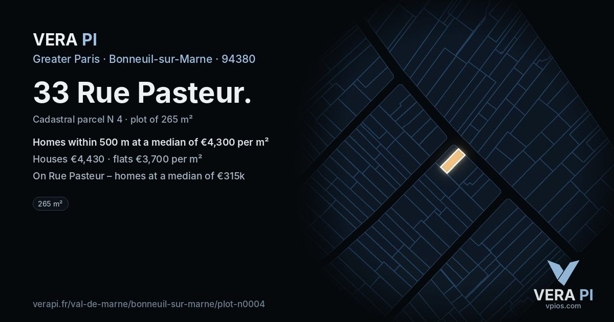 33 Rue Pasteur, Bonneuil-sur-Marne at night – the plot lit, the parcels around coloured by the prices near them