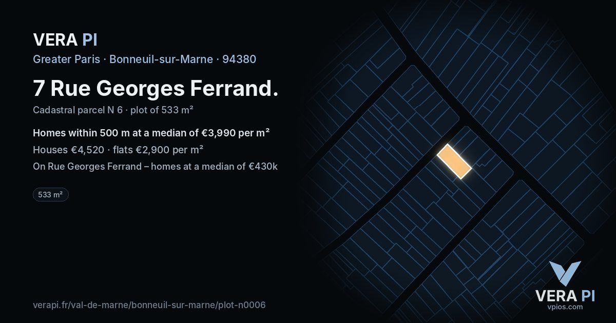 7 Rue Georges Ferrand, Bonneuil-sur-Marne at night – the plot lit, the parcels around coloured by the prices near them