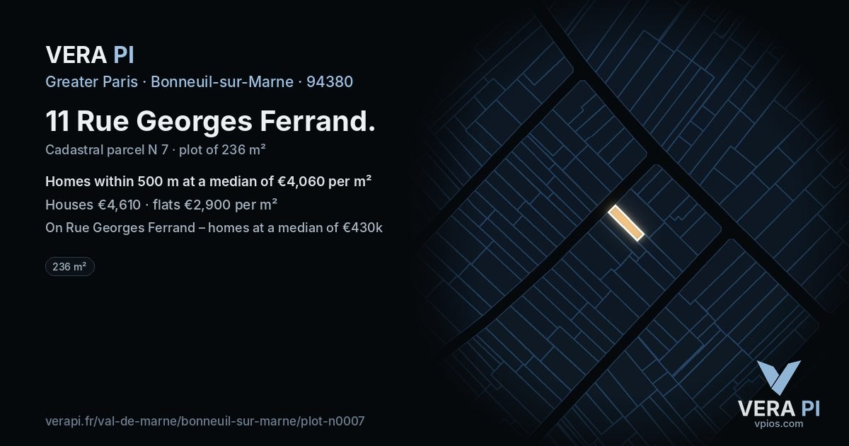 11 Rue Georges Ferrand, Bonneuil-sur-Marne at night – the plot lit, the parcels around coloured by the prices near them