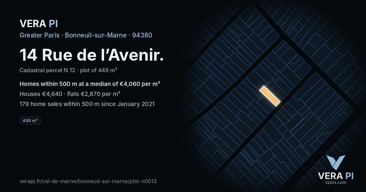 14 Rue de l’Avenir, Bonneuil-sur-Marne at night – the plot lit, the parcels around coloured by the prices near them