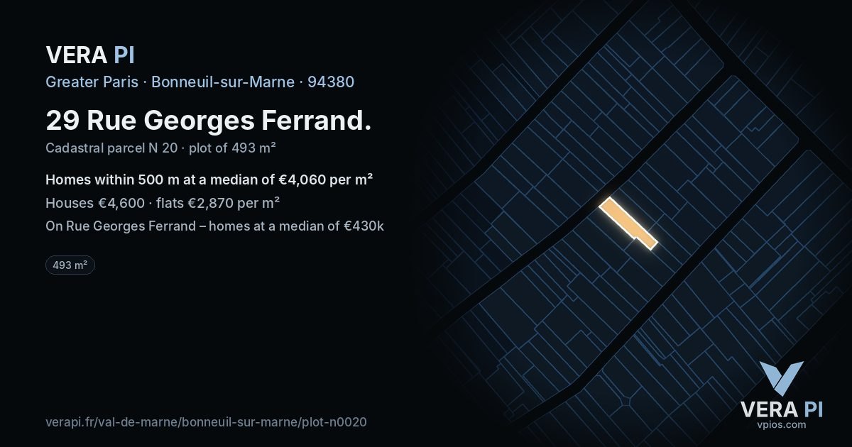 29 Rue Georges Ferrand, Bonneuil-sur-Marne at night – the plot lit, the parcels around coloured by the prices near them