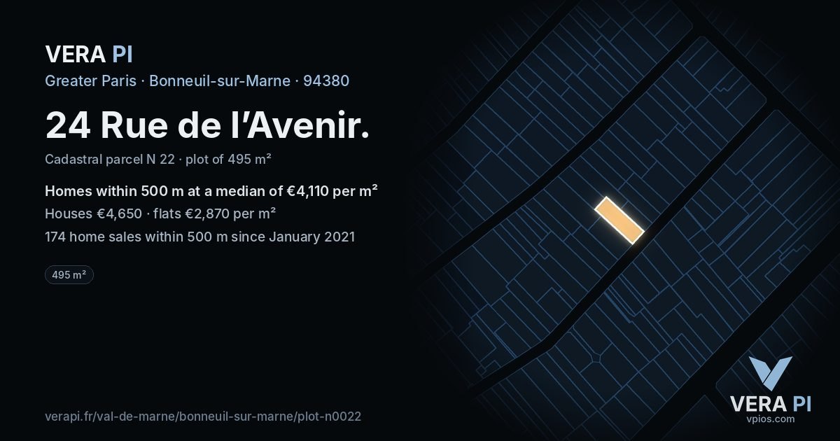 24 Rue de l’Avenir, Bonneuil-sur-Marne at night – the plot lit, the parcels around coloured by the prices near them