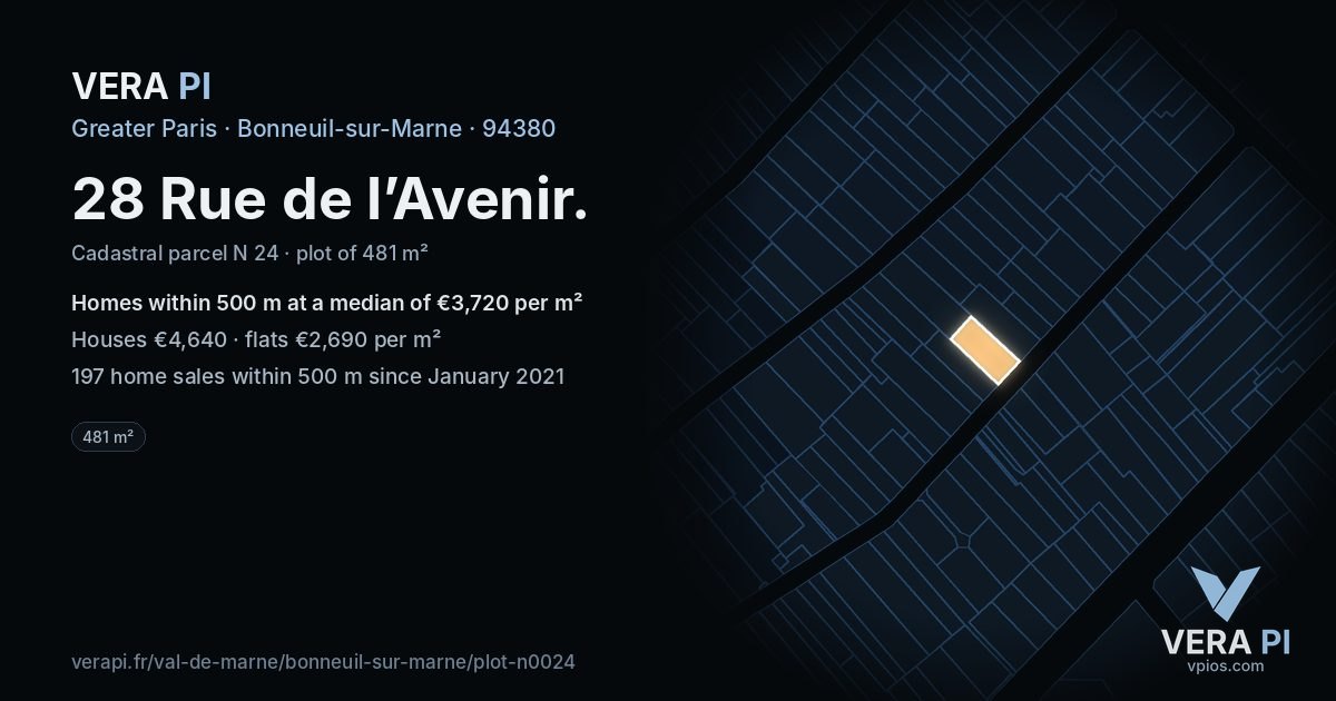 28 Rue de l’Avenir, Bonneuil-sur-Marne at night – the plot lit, the parcels around coloured by the prices near them