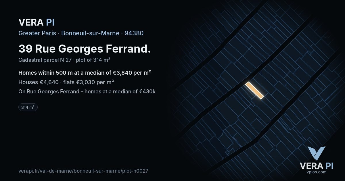 39 Rue Georges Ferrand, Bonneuil-sur-Marne at night – the plot lit, the parcels around coloured by the prices near them