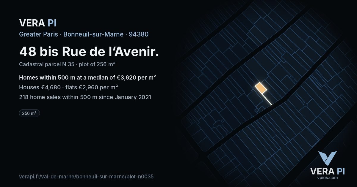 48 bis Rue de l’Avenir, Bonneuil-sur-Marne at night – the plot lit, the parcels around coloured by the prices near them